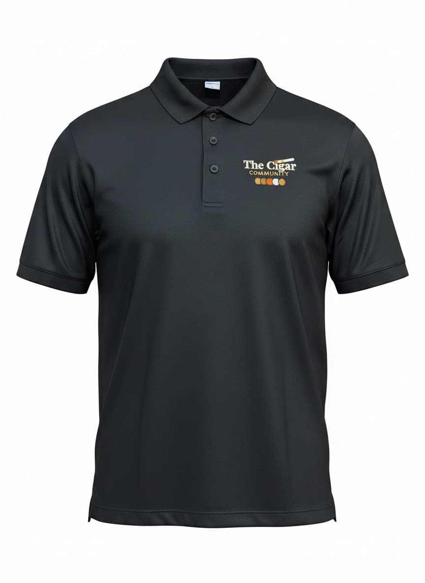 The Cigar Community member polo in black, with the embroidered chest lockup