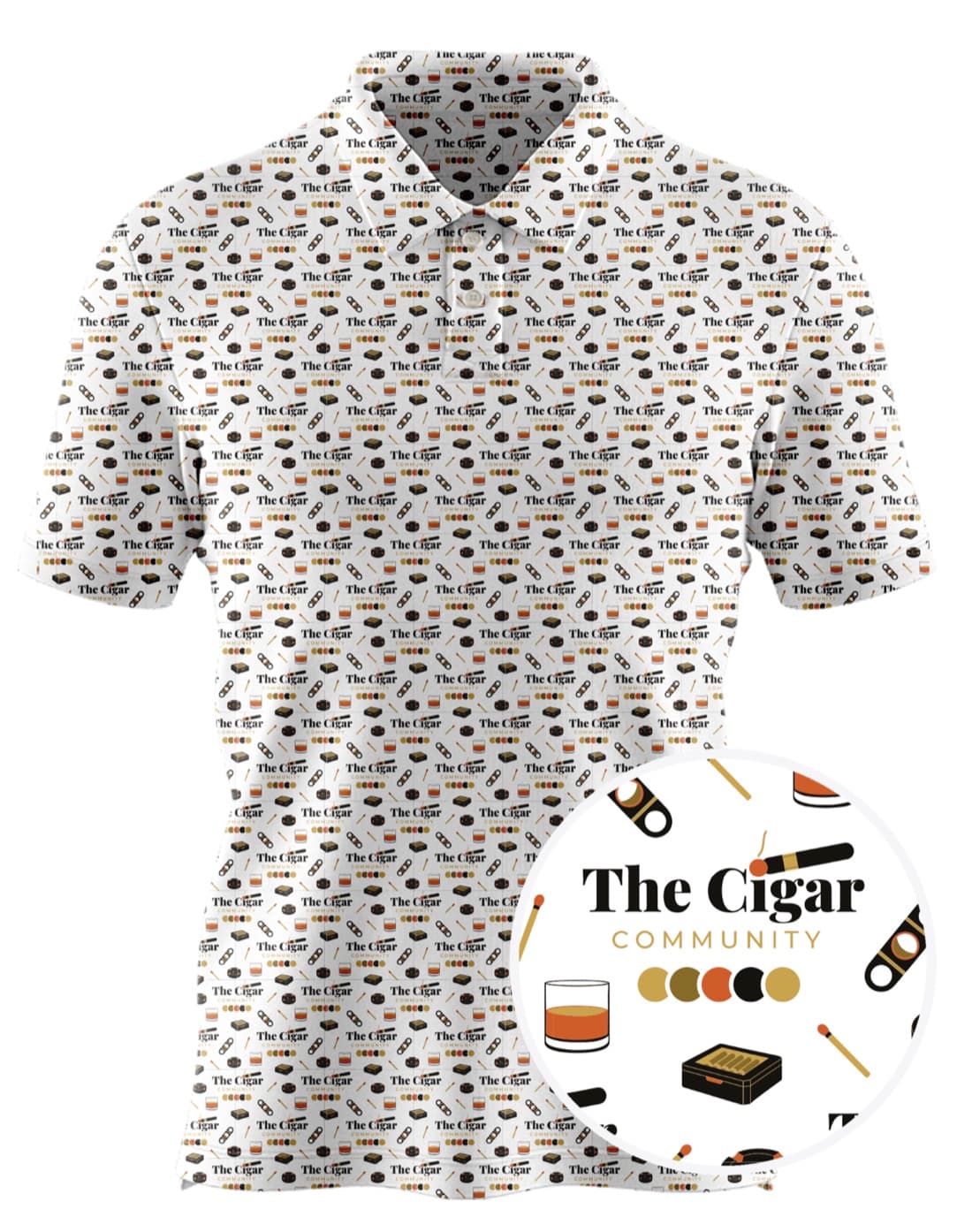 The Ritual Polo in Ash White, patterned all over with the Cigar Community lockup, cutters, matches, humidors and whiskey glasses